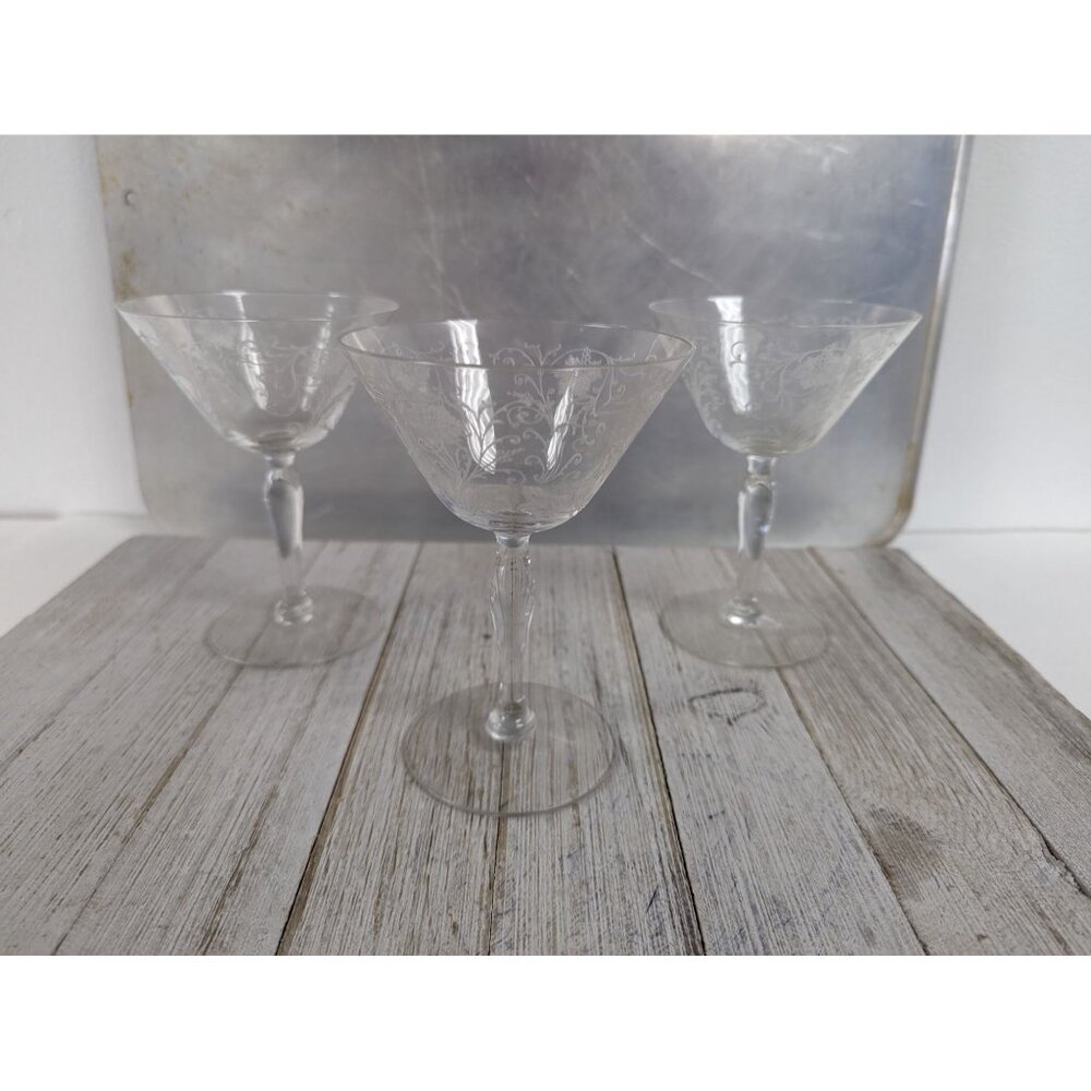 Vintage Etched Champagne Glasses Set 3 Fostoria Woodland Circa 1922 Tall Sherbet